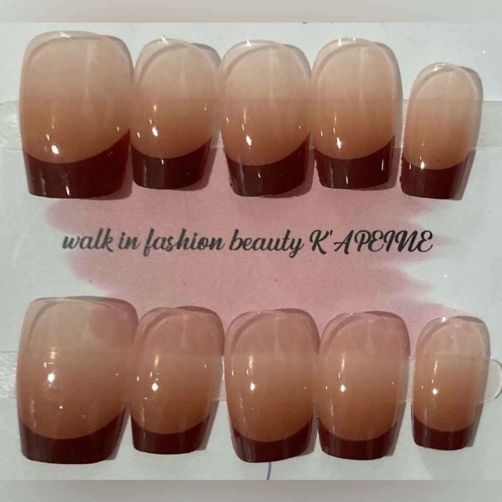 [S] 10Pcs Wearable Press on Nails Full Cover Square French Style Nude Burgundy